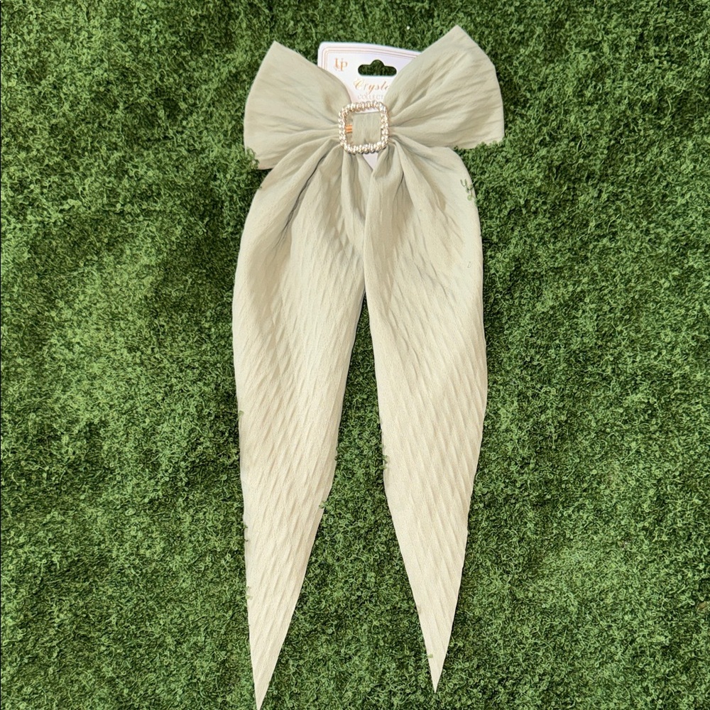 BOWS 4 LYME! 🎀💚 Quilted Sage Green Hair Bow Clip with Gold Crystal Buckle Accent